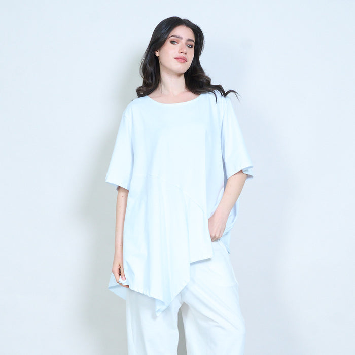 Asymmetrical ruffle hem round neck loose fit oversized tunic blouse wholesale