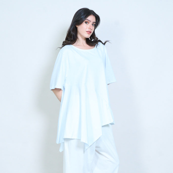 Asymmetrical ruffle hem round neck loose fit oversized tunic blouse wholesale