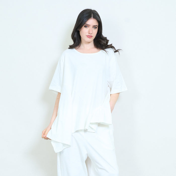 Asymmetrical ruffle hem round neck loose fit oversized tunic blouse wholesale