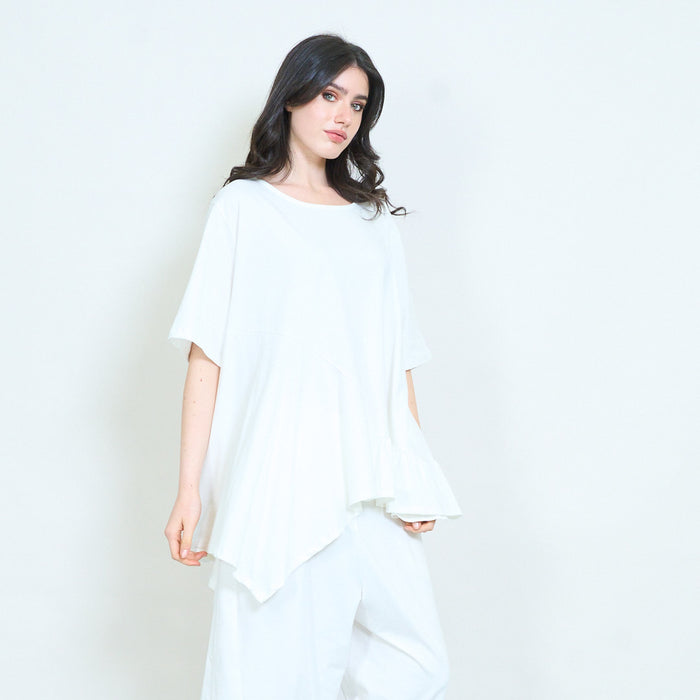 Asymmetrical ruffle hem round neck loose fit oversized tunic blouse wholesale
