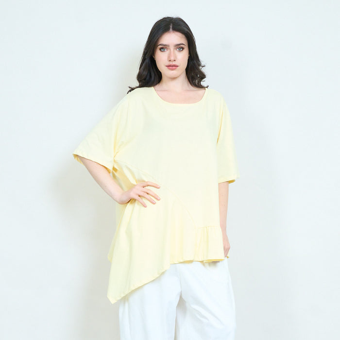 Asymmetrical ruffle hem round neck loose fit oversized tunic blouse wholesale