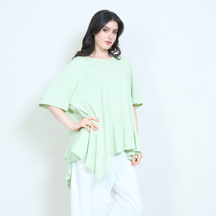 Asymmetrical ruffle hem round neck loose fit oversized tunic blouse wholesale