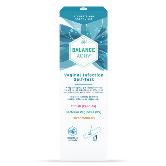 Balance Activ Vaginal pH Rapid Test box on white background, teal design, showing Vaginal Infection Self-Test, x1 swab included.