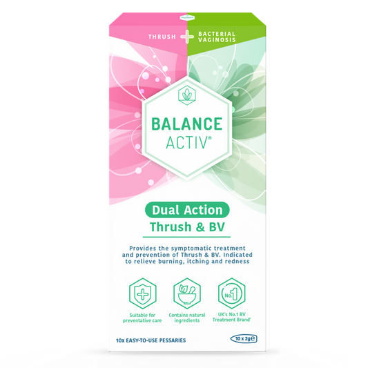 Balance Activ Dual Action Thrush & BV 10x2g Pessaries box on white background, pink and green floral design, 10x easy-to-use pessaries