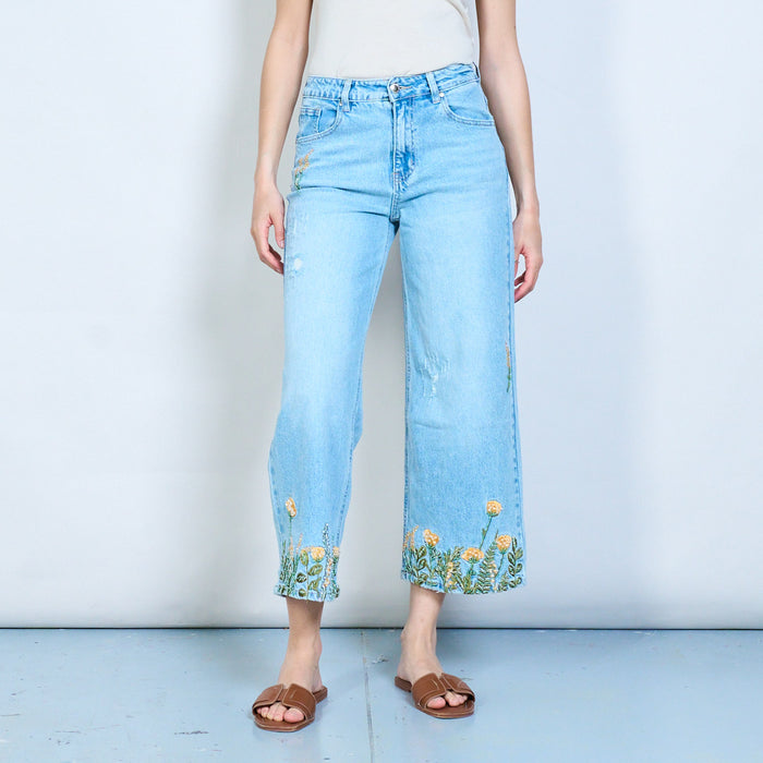 Beaded floral hem statement denim trousers with distressed details wholesale