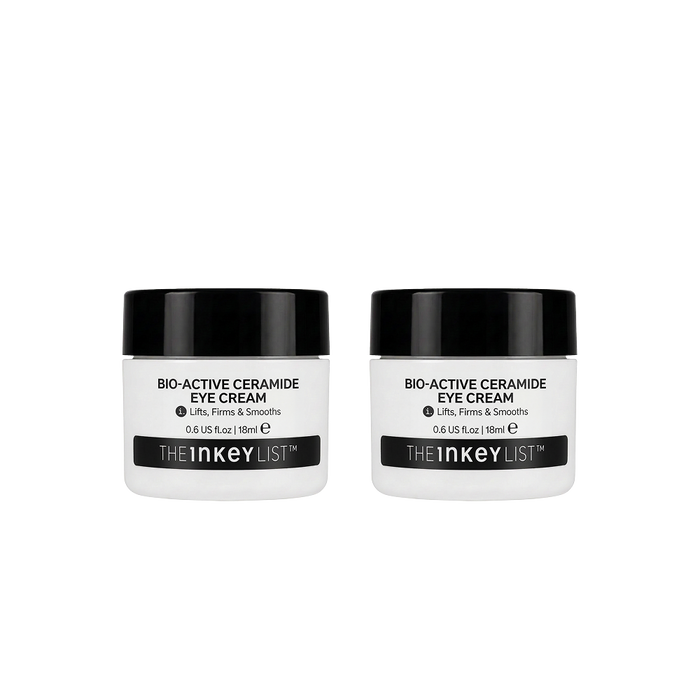 Two white jars of The Inkey List Bio-Active Ceramide Eye Cream with black lids, displayed side-by-side on a plain white background.