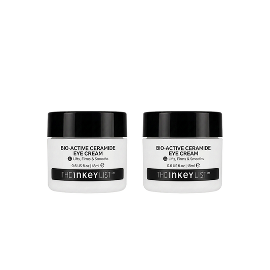 Two white jars of The Inkey List Bio-Active Ceramide Eye Cream with black lids, displayed side-by-side on a plain white background.