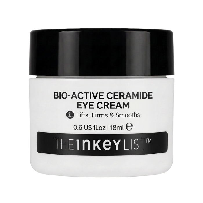 A white cosmetic jar of The Inkey List Bio-Active Ceramide Eye Cream with a black lid, shown on a plain white background.