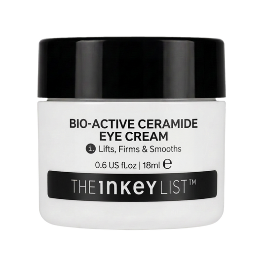 A white cosmetic jar of The Inkey List Bio-Active Ceramide Eye Cream with a black lid, shown on a plain white background.