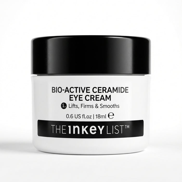 A white cosmetic jar with a black lid labeled 'BIO-ACTIVE CERAMIDE EYE CREAM' and the brand name 'THEinkeyLIST' on a clean white background.