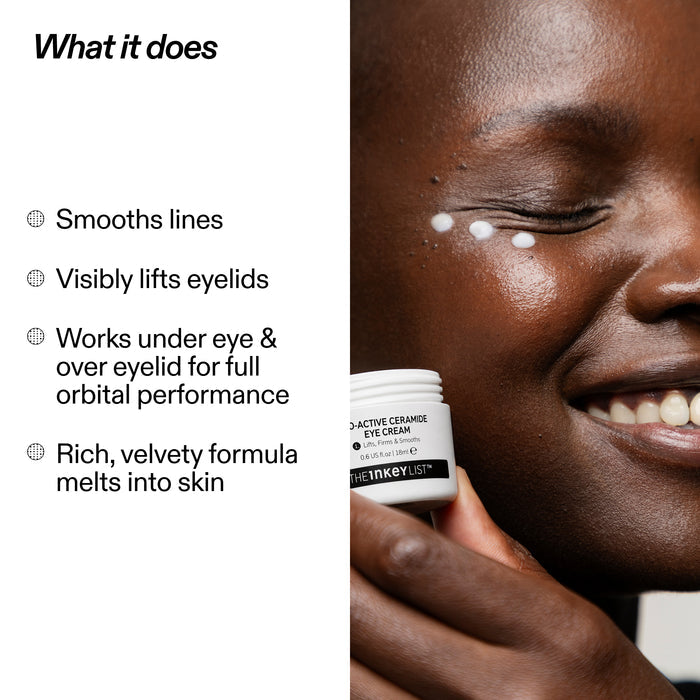 A split promotional graphic with text on the left and a close-up of a woman applying eye cream on her cheek. The left side reads 'What it does' with bullet points about smoothing lines, lifting eyelids, and rich velvety formula.