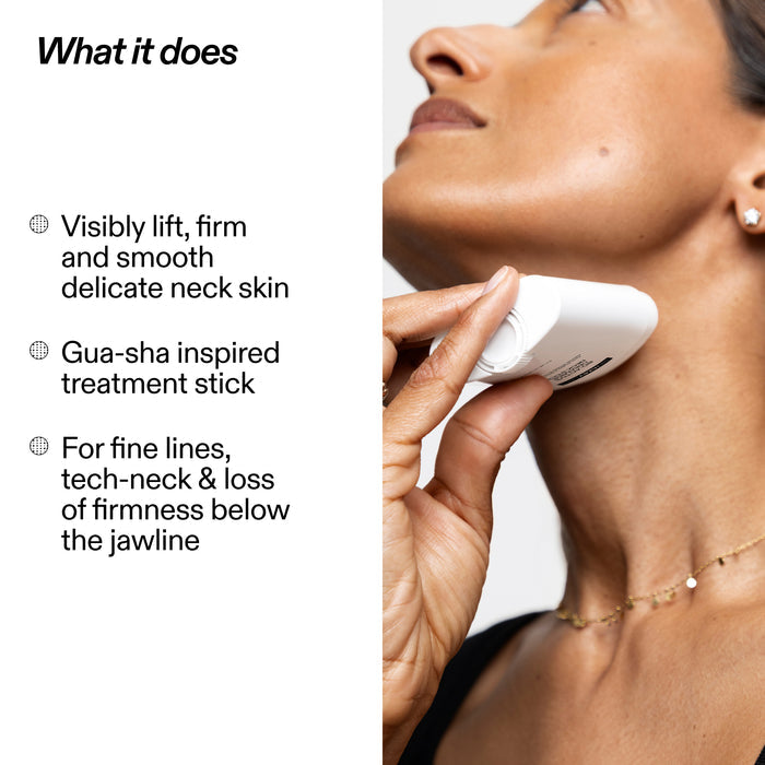 A close-up of a woman holding a white Gua sha neck treatment stick against her neck, with text on the left describing benefits such as lifting, firming, and smoothing delicate neck skin.