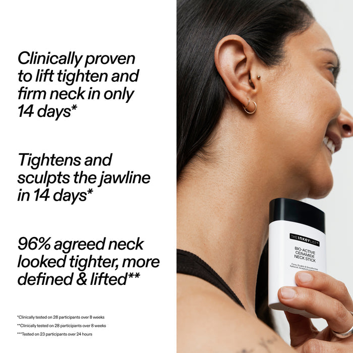 A skincare ad showing a woman holding a neck gel stick while text on the left claims clinically proven neck lifting in 14 days. The product container is white with a black cap and visible branding.