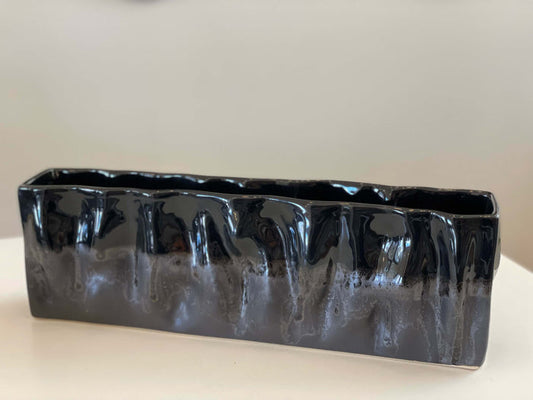 Black On Charcoal Short Rectangle Ripple Vase