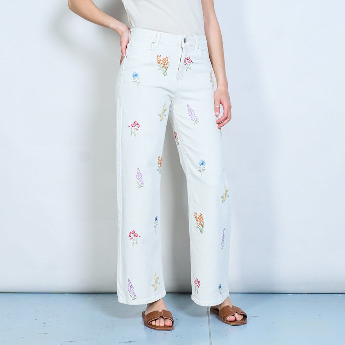 Botanical embroidery straight leg denim trousers wholesale