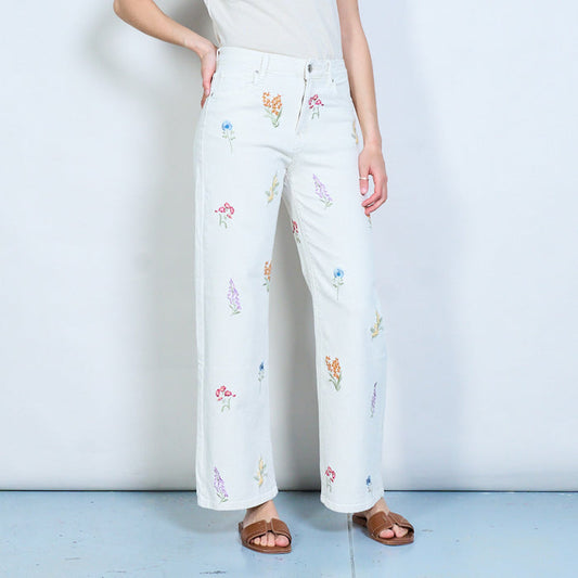 Botanical embroidery straight leg denim trousers wholesale