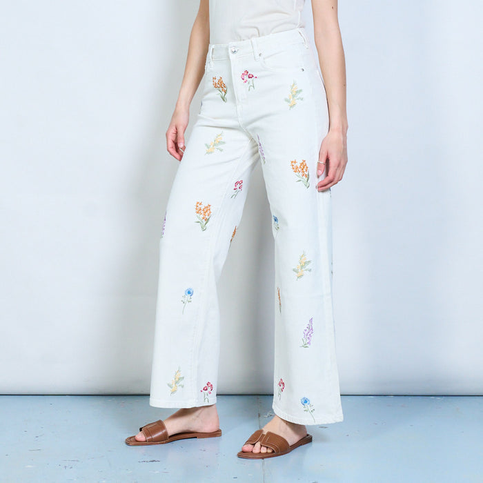 Botanical embroidery straight leg denim trousers wholesale