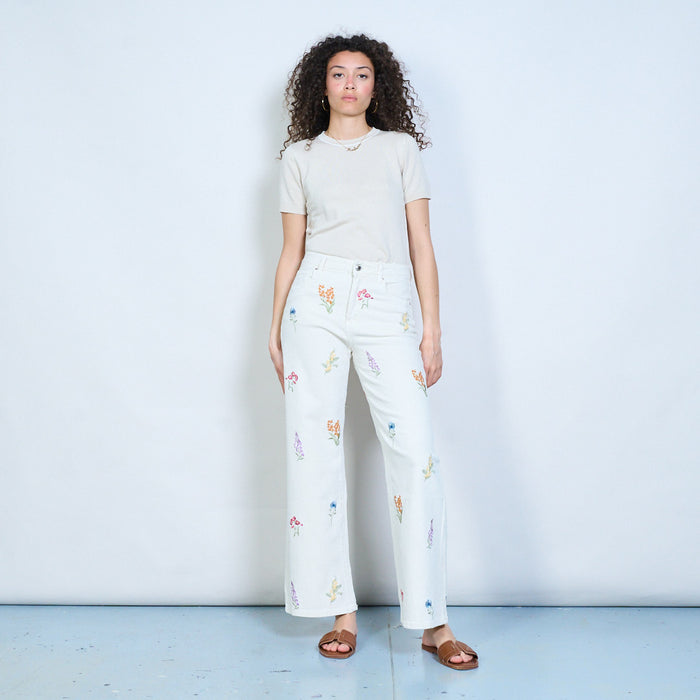 Botanical embroidery straight leg denim trousers wholesale