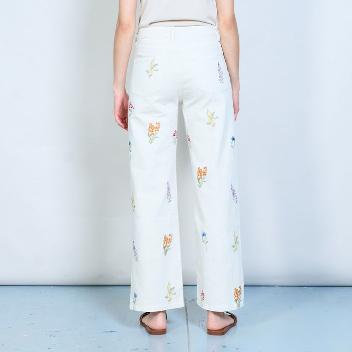 Botanical embroidery straight leg denim trousers wholesale