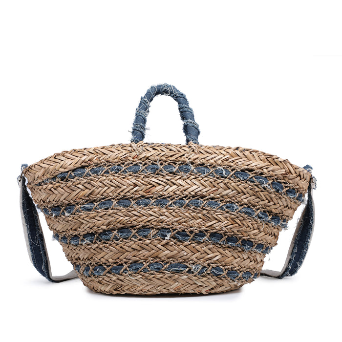 Braided raffia bag with distressed fabric weave and strap wholesale