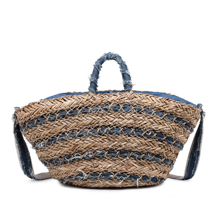 Braided raffia bag with distressed fabric weave and strap wholesale