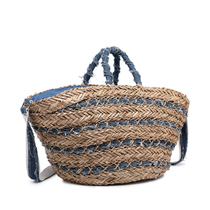 Braided raffia bag with distressed fabric weave and strap wholesale