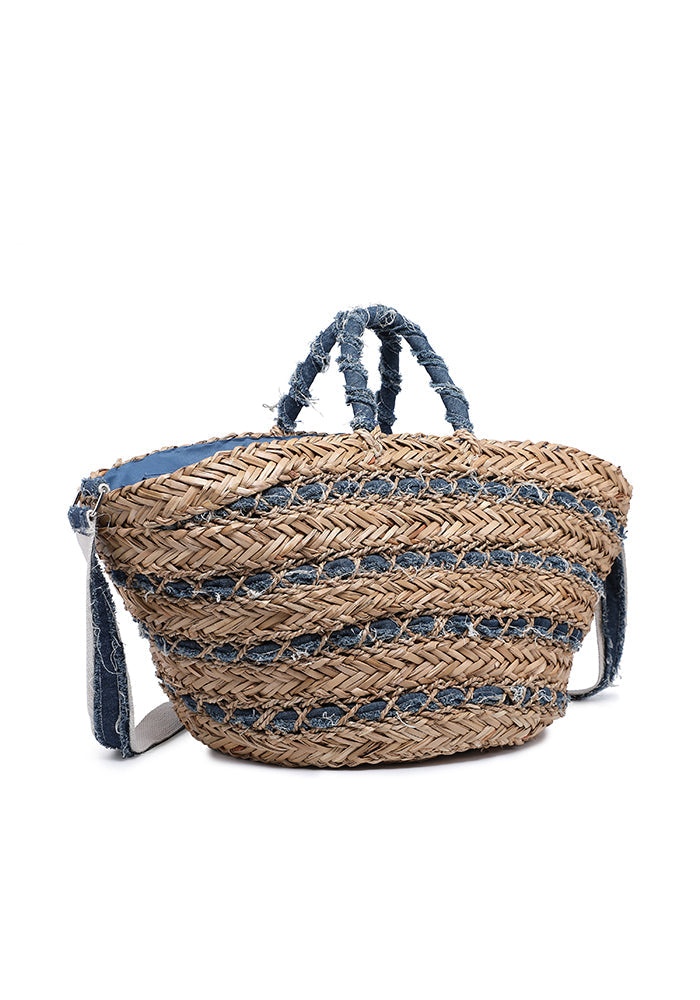 Braided raffia bag with distressed fabric weave and strap wholesale