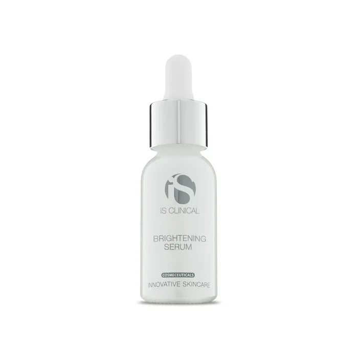 iS Clinical Brightening Serum in frosted glass bottle with silver dropper cap on white background
