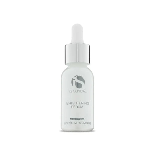 iS Clinical Brightening Serum in frosted glass bottle with silver dropper cap on white background