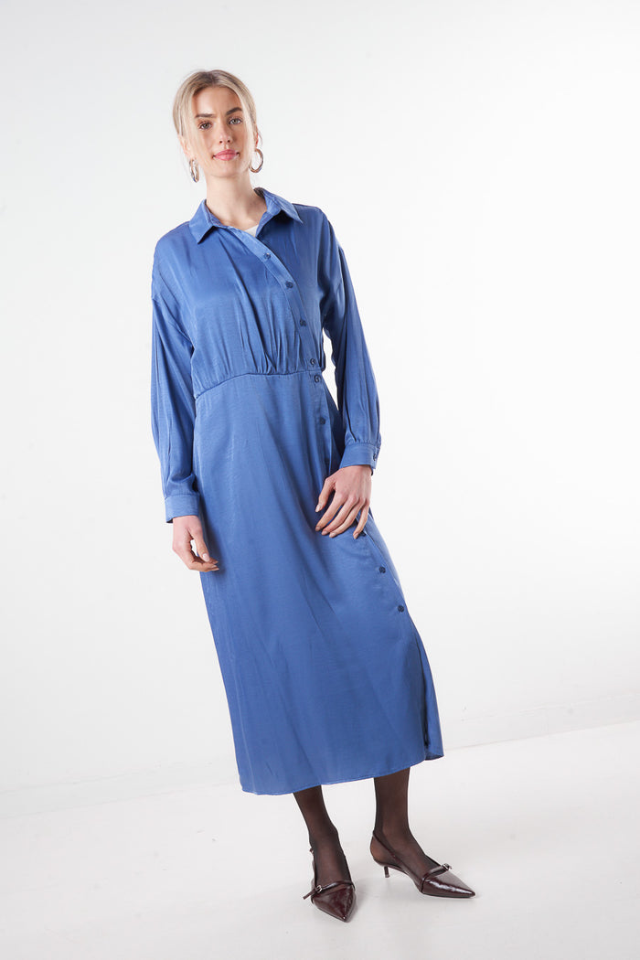 Button-up waist gathered midi shirt dress wholesale