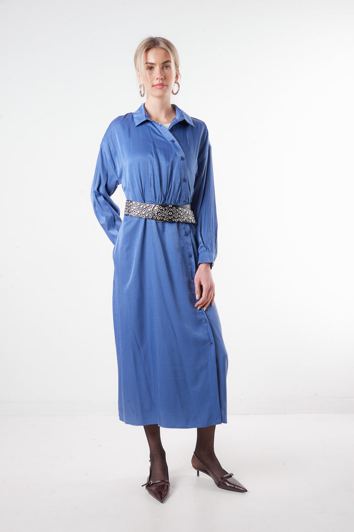 Button-up waist gathered midi shirt dress wholesale
