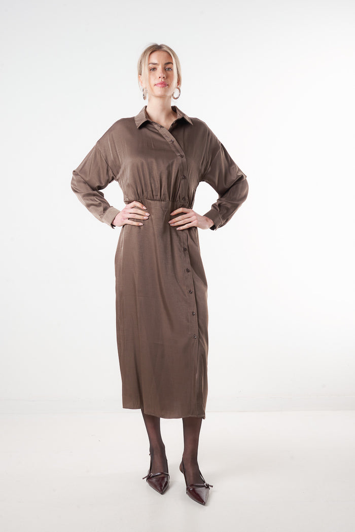 Button-up waist gathered midi shirt dress wholesale