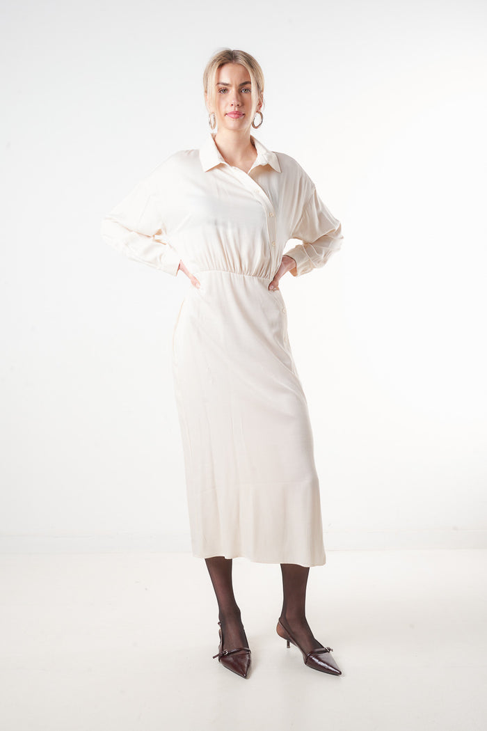 Button-up waist gathered midi shirt dress wholesale