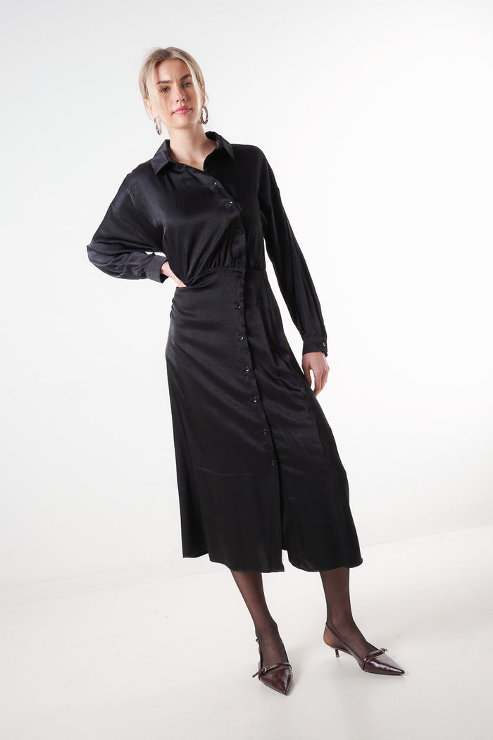 Button-up waist gathered midi shirt dress wholesale