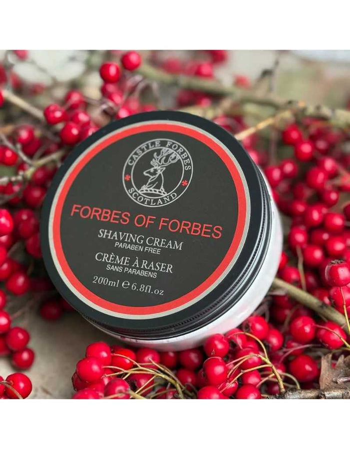Forbes of Forbes Shaving Cream container with red berries background