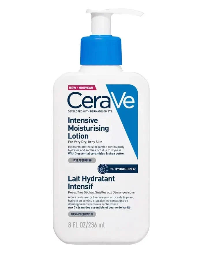 CeraVe Intensive Moisturising Lotion 236ml pump bottle on white background, labelled for very dry itchy skin with 5% Hydro-Urea