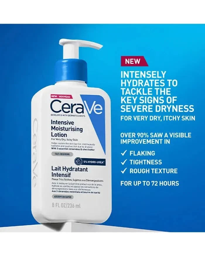 CeraVe Intensive Moisturising Lotion 236ml pump bottle on blue background, labelled "Lait Hydratant Intensif, 5% Hydro-Urea, 8 FL OZ"
