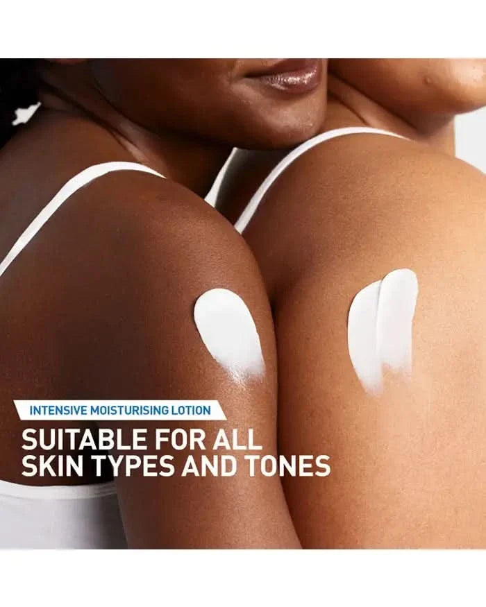 CeraVe Intensive Moisturising Lotion applied on two women's shoulders, text reads "Suitable For All Skin Types And Tones", white background.