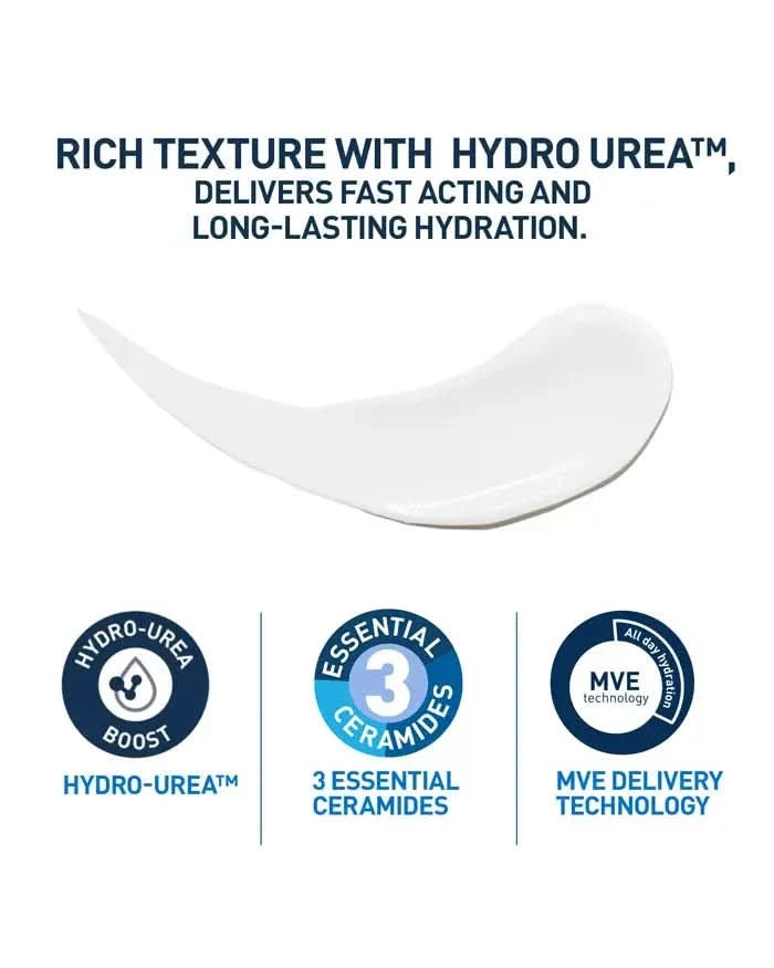 CeraVe Intensive Moisturising Lotion texture smear on white background with Hydro-Urea, 3 Essential Ceramides and MVE Delivery Technology icons.