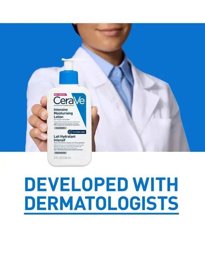 CeraVe Intensive Moisturising Lotion 236ml pump bottle held by person in white lab coat on blue and white background.
