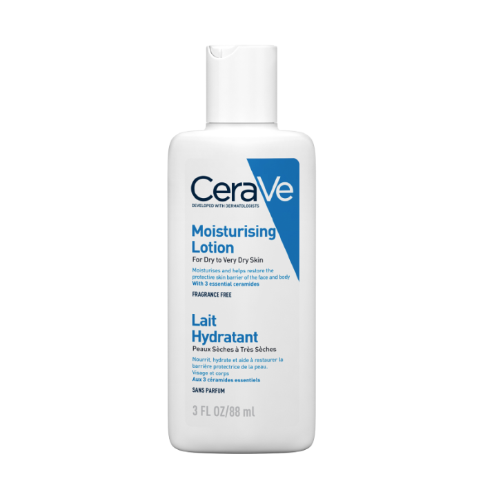 CeraVe Moisturising Lotion 88ml white pump bottle, blue label, fragrance free, for dry to very dry skin, white background