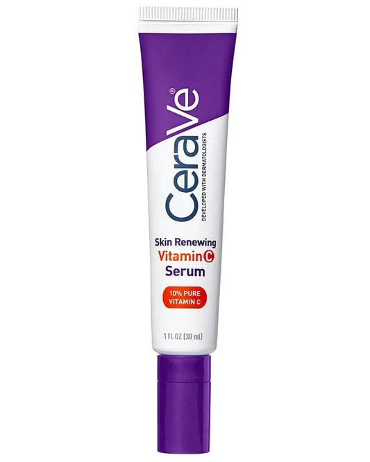 CeraVe Skin Renewing Vitamin C Serum tube, purple and white, labelled "10% Pure Vitamin C, 1 FL OZ (30ml)", on white background.