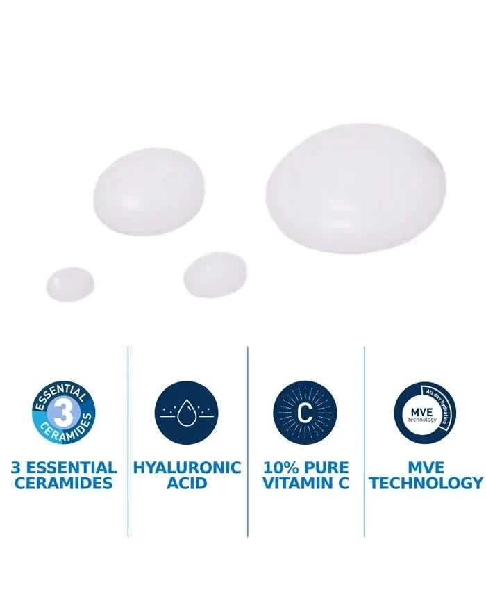 CeraVe Skin Renew Vitamin C Serum drops on white background with icons: 3 Essential Ceramides, Hyaluronic Acid, 10% Pure Vitamin C, MVE Technology