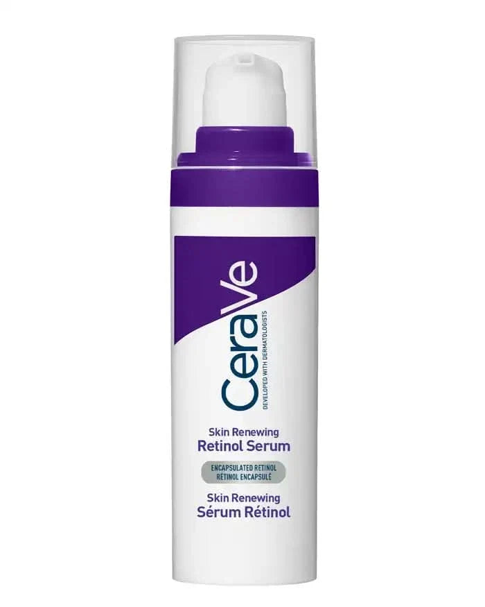 CeraVe Skin Renewing Retinol Serum pump bottle, white and purple, labelled "Encapsulated Retinol", on white background.