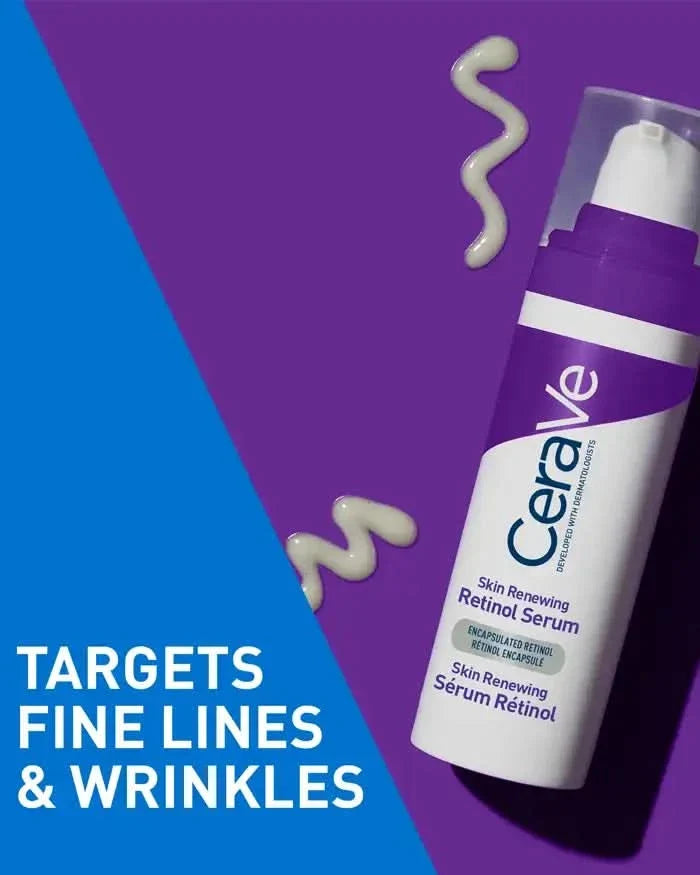 CeraVe Skin Renewing Retinol Serum pump bottle on purple background with serum swirls. Text: "Targets Fine Lines & Wrinkles"