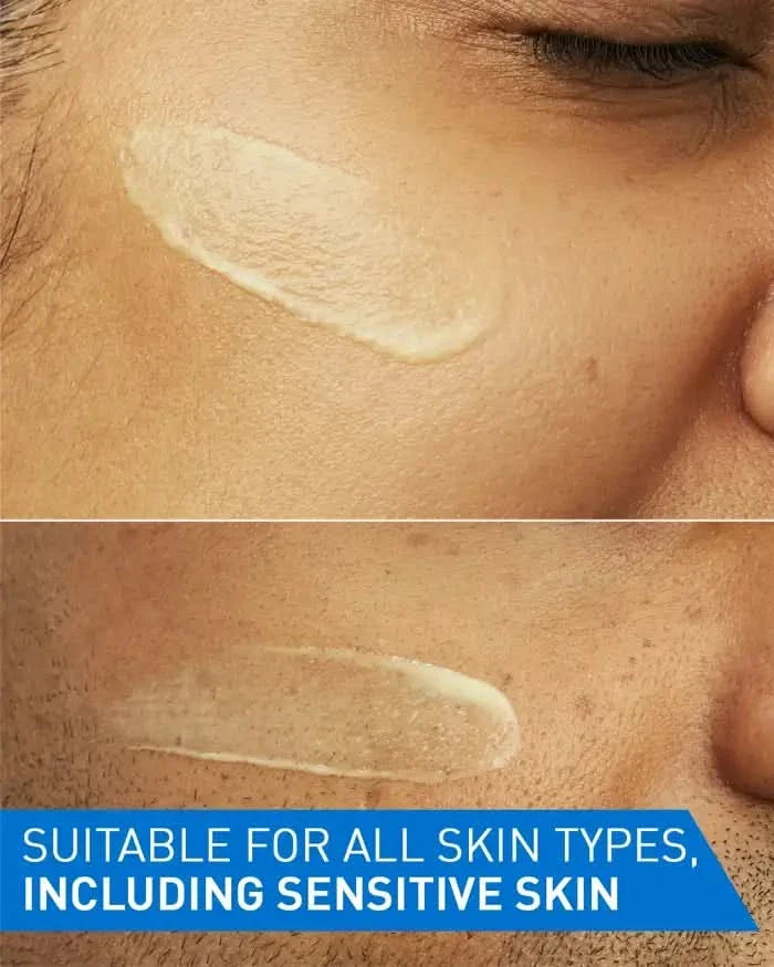 CeraVe Skin Renewing Retinol Serum swatched on two skin tones. Blue banner reads "Suitable for all skin types, including sensitive skin"