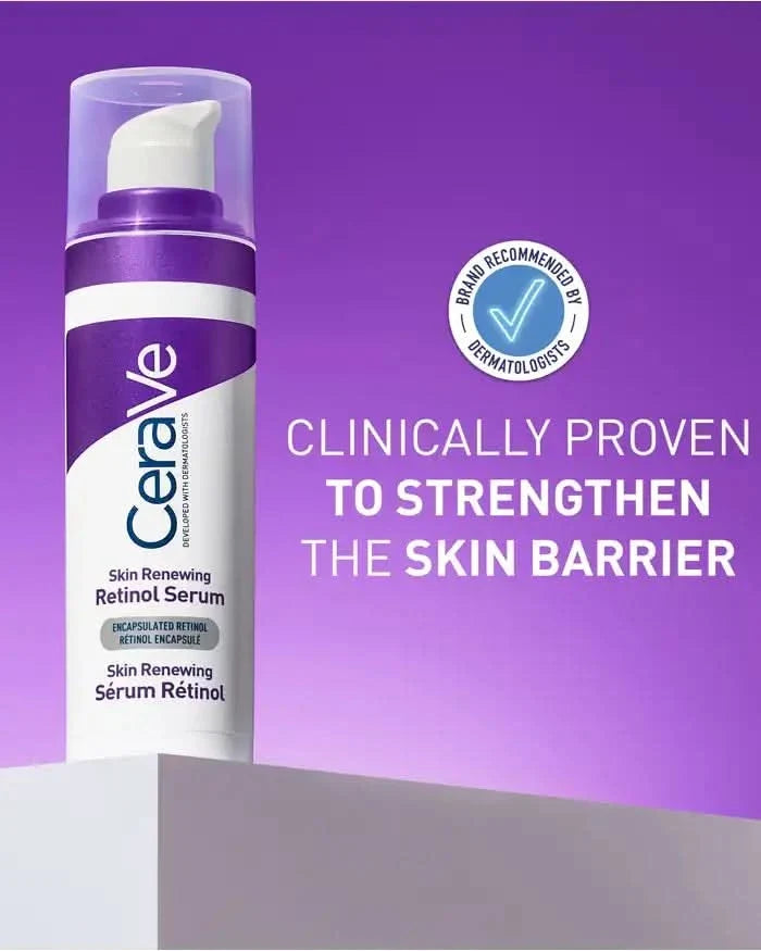 CeraVe Skin Renewing Retinol Serum pump bottle in purple and white on purple background with dermatologist recommended badge.