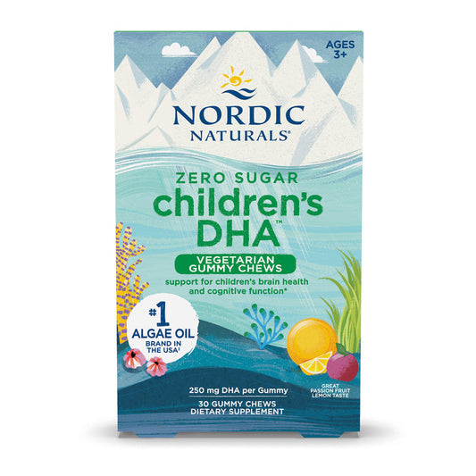 Nordic Naturals Childrens DHA Veg Gummy Chew for ages 3+ offers lemon-flavored vegetarian gummies with algae oil, supporting brain health and cognitive function. These sugar-free chews provide plant-based DHA in 30 servings per package.