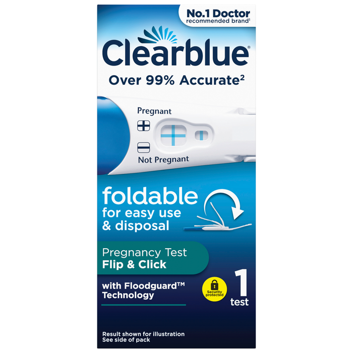 Clearblue Flip & Click Pregnancy Test 1 pack box, blue and white, showing test stick, "Over 99% Accurate, foldable for easy use & disposal"