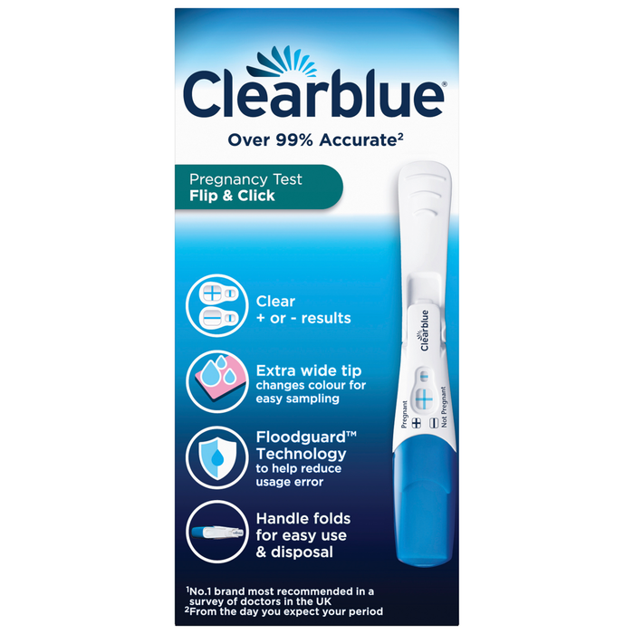 Clearblue Flip & Click Pregnancy Test box on white background, blue gradient pack showing test stick and "Over 99% Accurate"